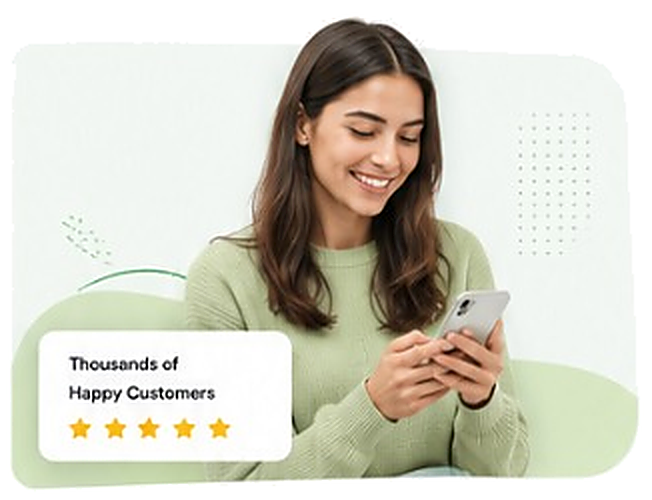 A customer checking her loan offer on her phone — trusted by thousands of happy customers, rated five stars